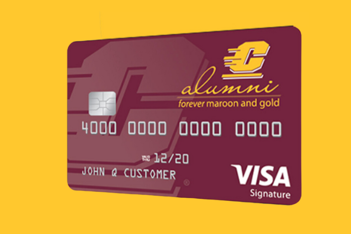 A maroon credit card with the Alumni logo on a gold background.