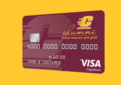 Maroon credit card with gold alumni logo.