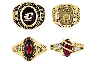 Four variations of maroon and gold class ring jewelry.