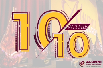 A faded background of award trophies with the text 10 Within 10 boldly displayed over the image, along with a CMU alumni association official logo in the corner featuring the CMU action C logo and the text: Alumni, Forever maroon and gold.