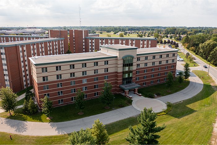 Aerial shot of Campbell Hall on a sunny day.