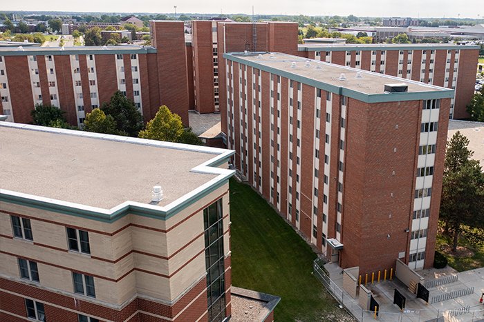 A high angle view of Troutman Hall on a sunny day.