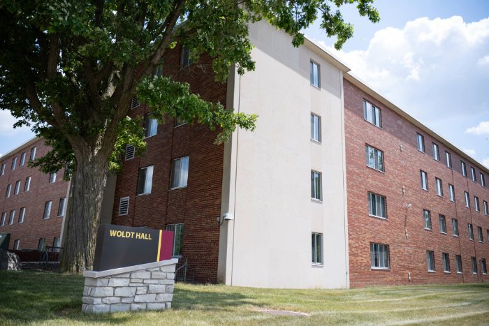 Woldt Hall sign in front of a red brick residence building with a tree and light-colored stairwell wall.