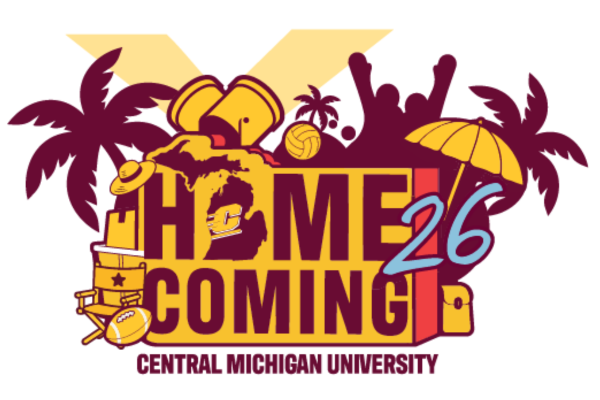2026 CMU Homecoming logo with elements of reality TV such as: palm trees, beach ball, spotlights and director chair