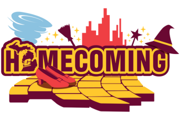 gold and maroon text with red, gold, blue, and maroon accent images with text that reads "Homecoming"