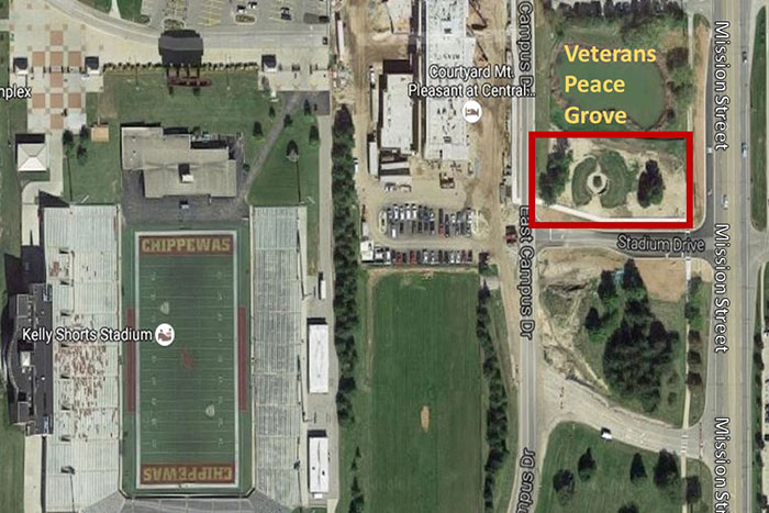 Veterans Peace Grove located between Mission Street and the Courtyard Marriott, near Kelly/Shorts Stadium