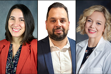 A collage of people, including a woman in a dark blouse and red blazer, a man in a white shirt and blue blazer, and a blonde woman wearing a lab coat.