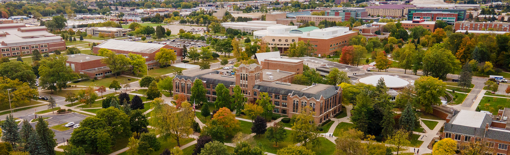 Drone photo of CMU's campus in Fall 2023