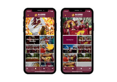 An Apple iPhone with screenshots of the Central Michigan University Alumni App layout.